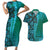 Samoan Pacific Tribal Flower Geometric Art Tattoos Couples Matching Short Sleeve Bodycon Dress and Hawaiian Shirt Siapo Pattern Turquoise Tide - Polynesian Pride