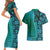 Samoan Pacific Tribal Flower Geometric Art Tattoos Couples Matching Short Sleeve Bodycon Dress and Hawaiian Shirt Siapo Pattern Turquoise Tide - Polynesian Pride
