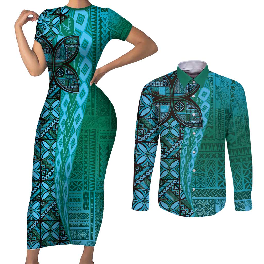 Samoan Pacific Tribal Flower Geometric Art Tattoos Couples Matching Short Sleeve Bodycon Dress and Long Sleeve Button Shirt Siapo Pattern Turquoise Tide - Polynesian Pride