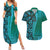Samoan Pacific Tribal Flower Geometric Art Tattoos Couples Matching Summer Maxi Dress and Hawaiian Shirt Siapo Pattern Turquoise Tide - Polynesian Pride