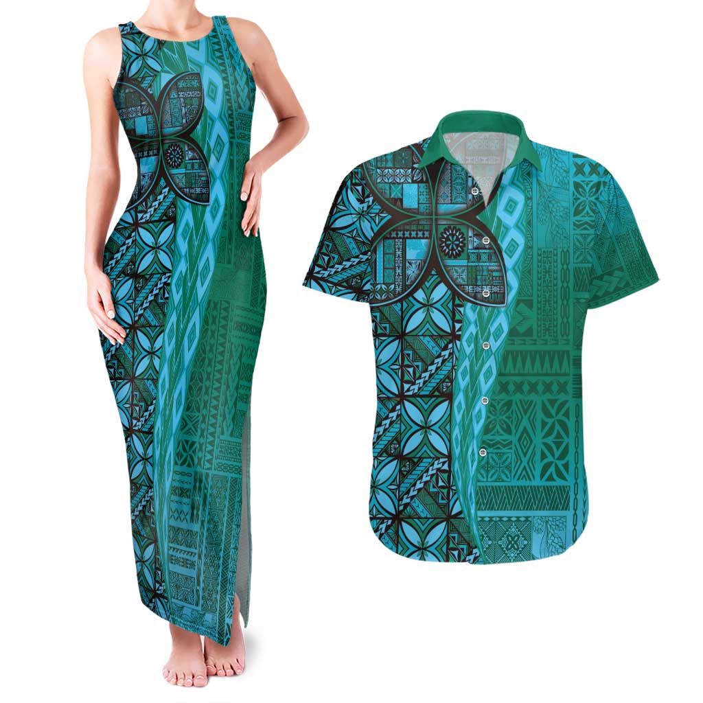Samoan Pacific Tribal Flower Geometric Art Tattoos Couples Matching Tank Maxi Dress and Hawaiian Shirt Siapo Pattern Turquoise Tide - Polynesian Pride