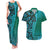 Samoan Pacific Tribal Flower Geometric Art Tattoos Couples Matching Tank Maxi Dress and Hawaiian Shirt Siapo Pattern Turquoise Tide - Polynesian Pride