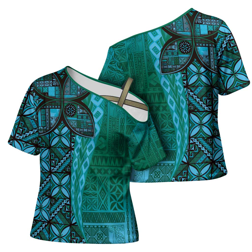 Samoan Pacific Tribal Flower Geometric Art Tattoos Cross Shoulder Shirt Siapo Pattern Turquoise Tide - Polynesian Pride