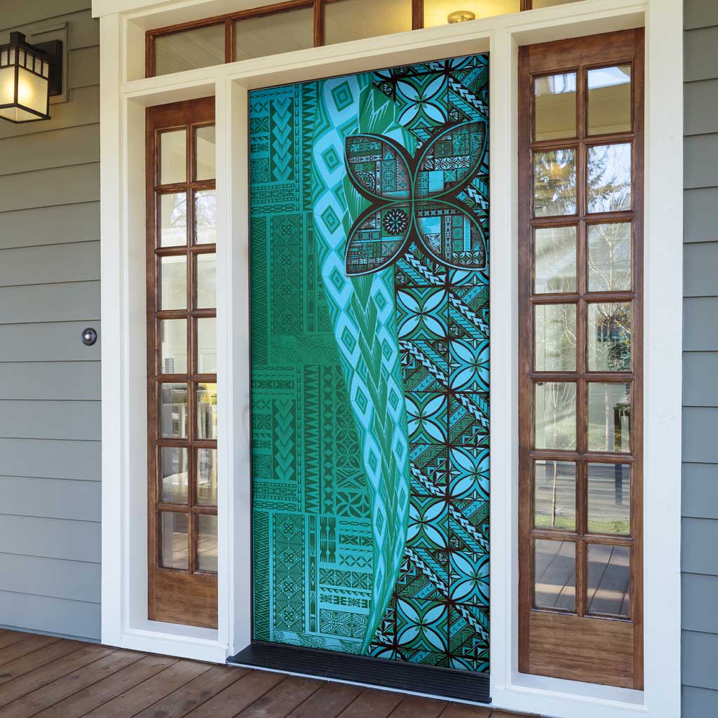 Samoan Pacific Tribal Flower Geometric Art Tattoos Door Cover Siapo Pattern Turquoise Tide - Polynesian Pride