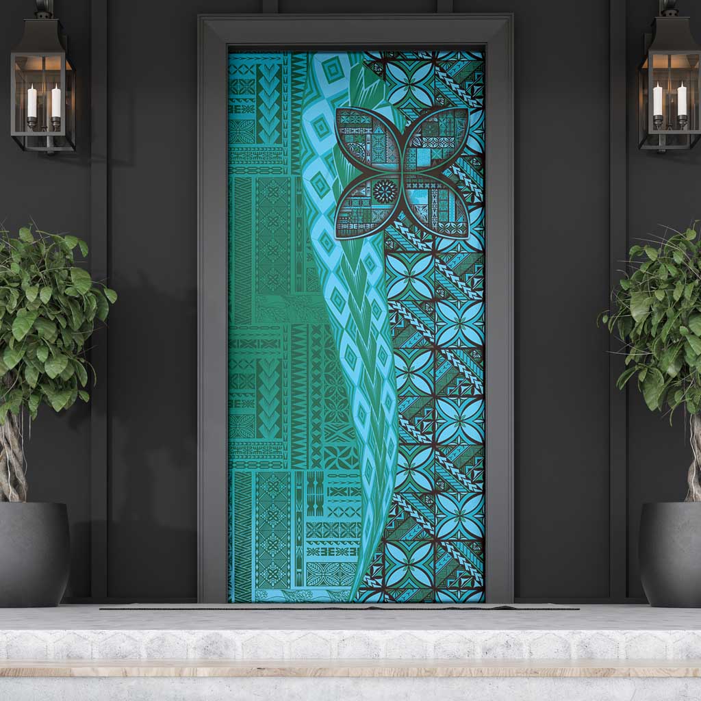 Samoan Pacific Tribal Flower Geometric Art Tattoos Door Cover Siapo Pattern Turquoise Tide - Polynesian Pride
