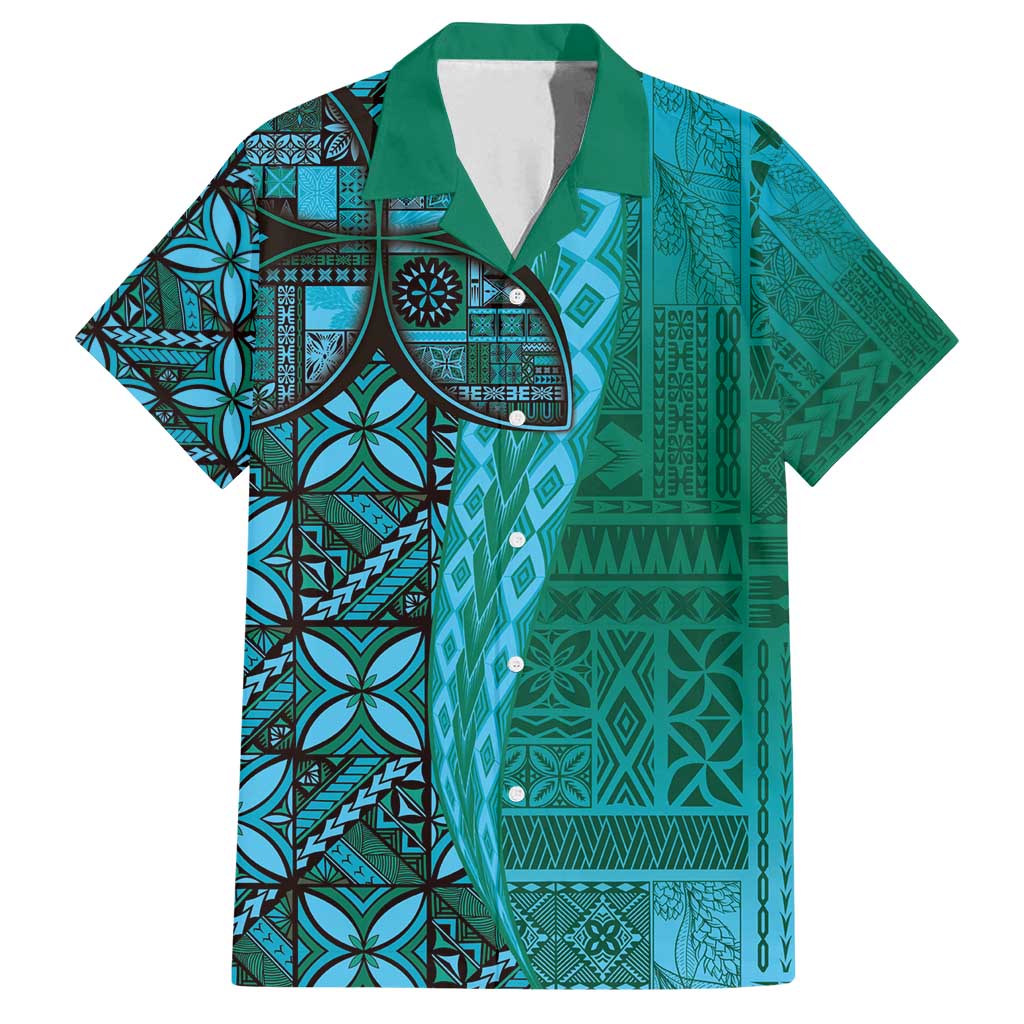 Samoan Pacific Tribal Flower Geometric Art Tattoos Family Matching Long Sleeve Bodycon Dress and Hawaiian Shirt Siapo Pattern Turquoise Tide - Polynesian Pride