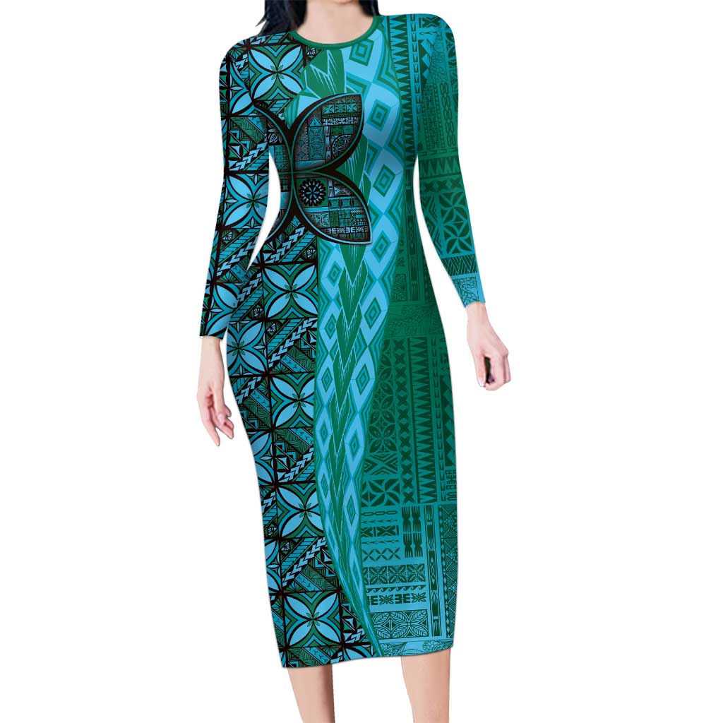 Samoan Pacific Tribal Flower Geometric Art Tattoos Family Matching Long Sleeve Bodycon Dress and Hawaiian Shirt Siapo Pattern Turquoise Tide - Polynesian Pride