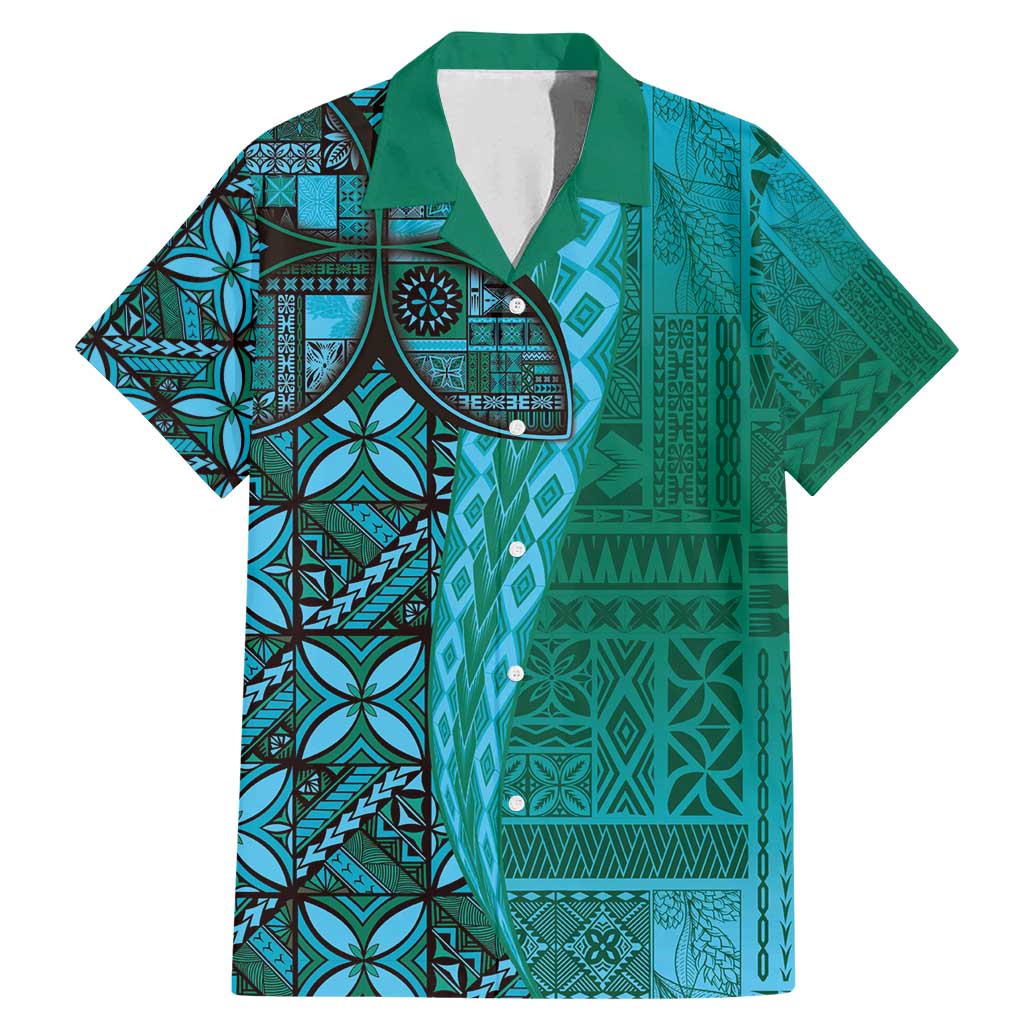 Samoan Pacific Tribal Flower Geometric Art Tattoos Family Matching Mermaid Dress and Hawaiian Shirt Siapo Pattern Turquoise Tide - Polynesian Pride