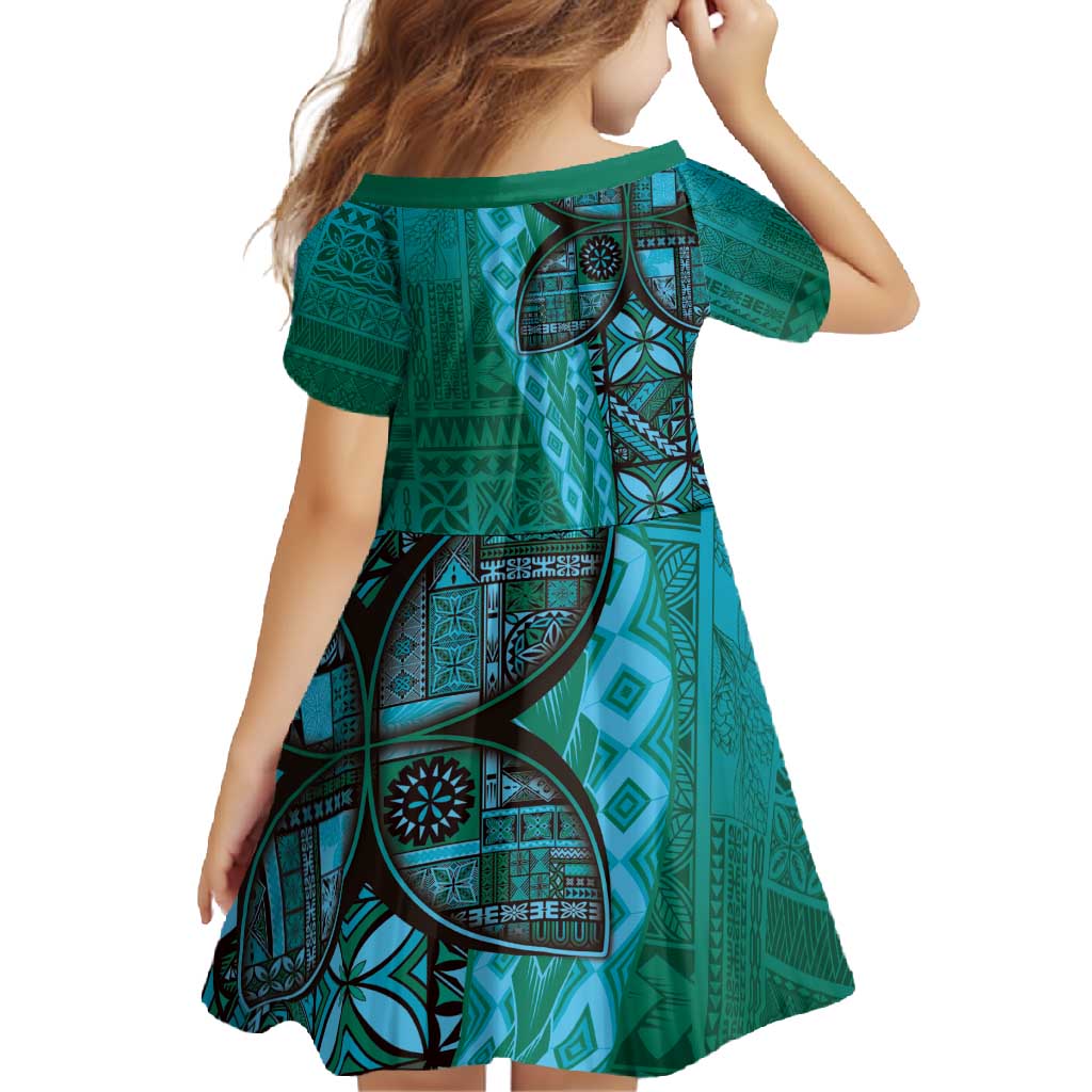 Samoan Pacific Tribal Flower Geometric Art Tattoos Family Matching Off Shoulder Maxi Dress and Hawaiian Shirt Siapo Pattern Turquoise Tide - Polynesian Pride