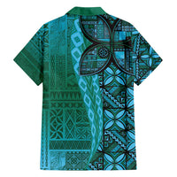 Samoan Pacific Tribal Flower Geometric Art Tattoos Family Matching Puletasi and Hawaiian Shirt Siapo Pattern Turquoise Tide - Polynesian Pride