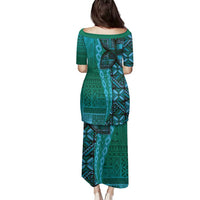 Samoan Pacific Tribal Flower Geometric Art Tattoos Family Matching Puletasi and Hawaiian Shirt Siapo Pattern Turquoise Tide - Polynesian Pride