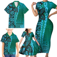 Samoan Pacific Tribal Flower Geometric Art Tattoos Family Matching Short Sleeve Bodycon Dress and Hawaiian Shirt Siapo Pattern Turquoise Tide - Polynesian Pride