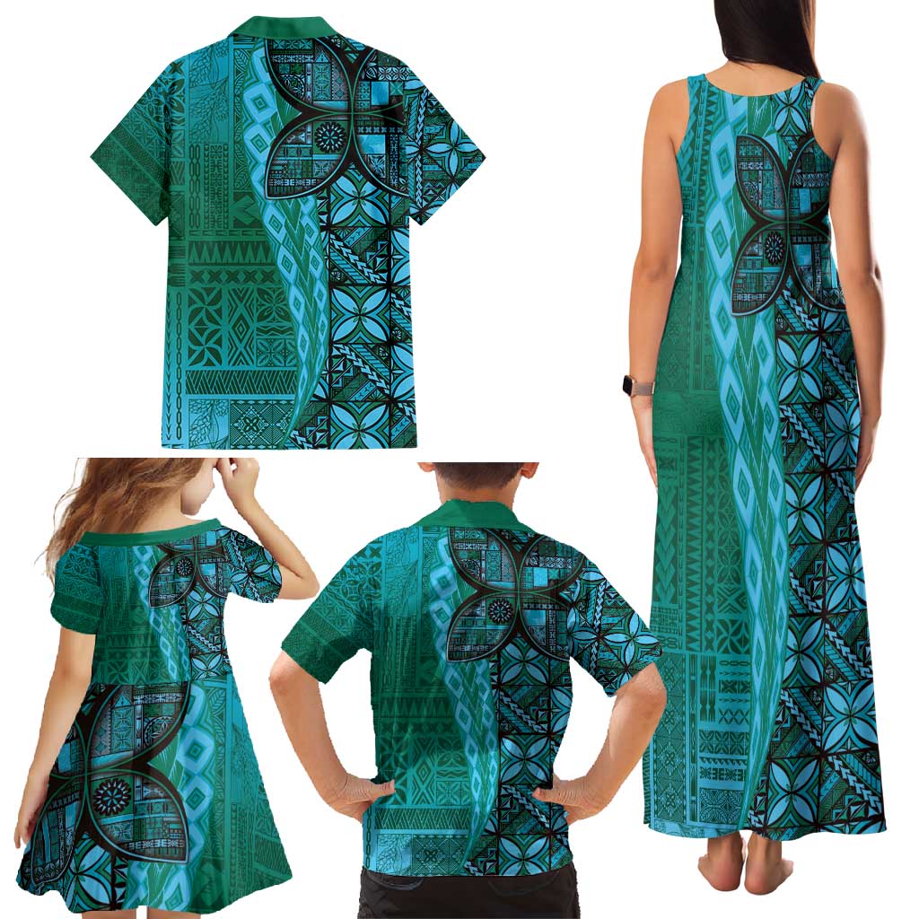 Samoan Pacific Tribal Flower Geometric Art Tattoos Family Matching Tank Maxi Dress and Hawaiian Shirt Siapo Pattern Turquoise Tide - Polynesian Pride