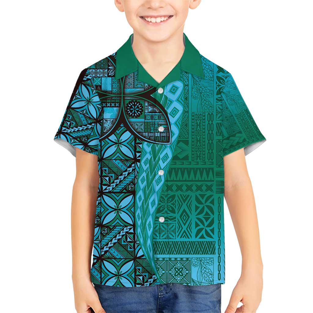 Samoan Pacific Tribal Flower Geometric Art Tattoos Family Matching Tank Maxi Dress and Hawaiian Shirt Siapo Pattern Turquoise Tide - Polynesian Pride