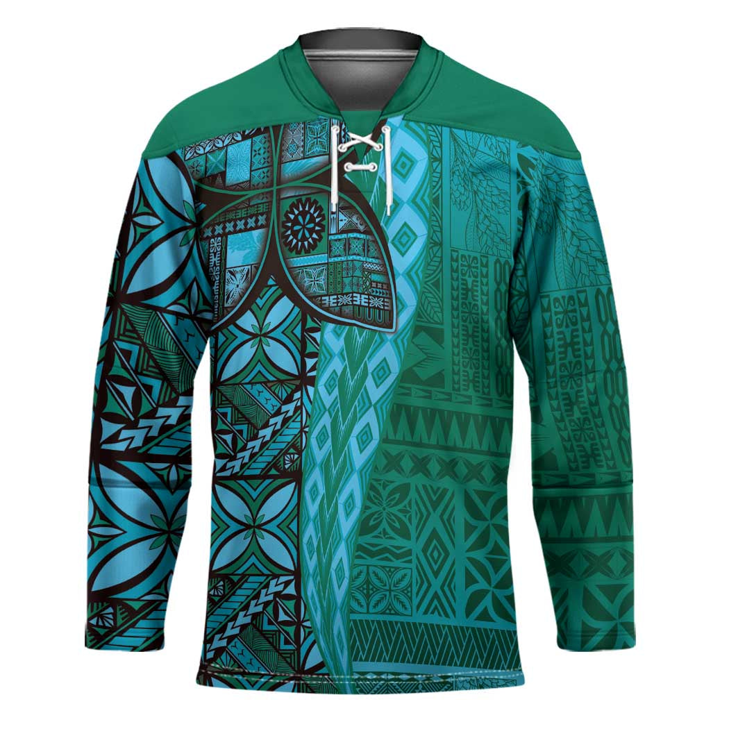 Samoan Pacific Tribal Flower Geometric Art Tattoos Hockey Jersey Siapo Pattern Turquoise Tide - Polynesian Pride