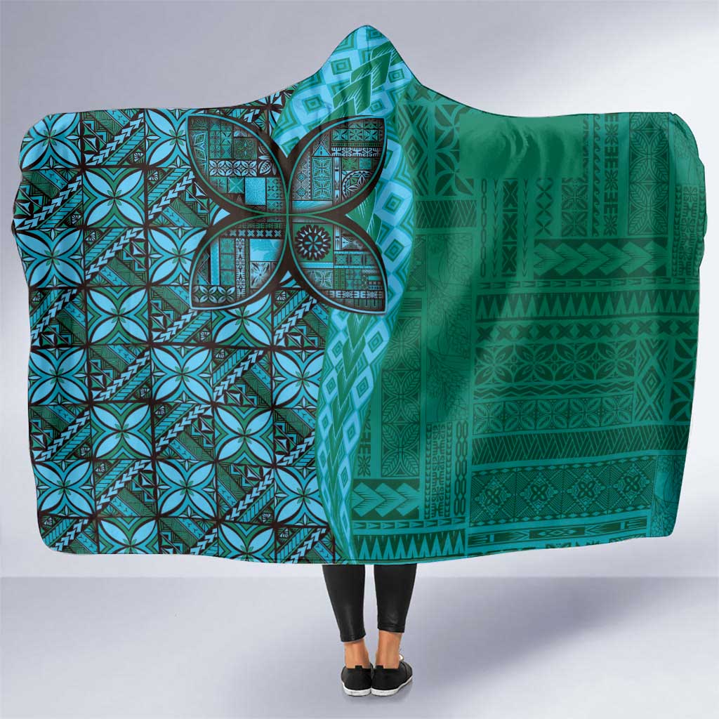 Samoan Pacific Tribal Flower Geometric Art Tattoos Hooded Blanket Siapo Pattern Turquoise Tide - Polynesian Pride