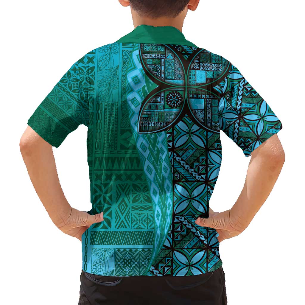 Samoan Pacific Tribal Flower Geometric Art Tattoos Kid Hawaiian Shirt Siapo Pattern Turquoise Tide - Polynesian Pride