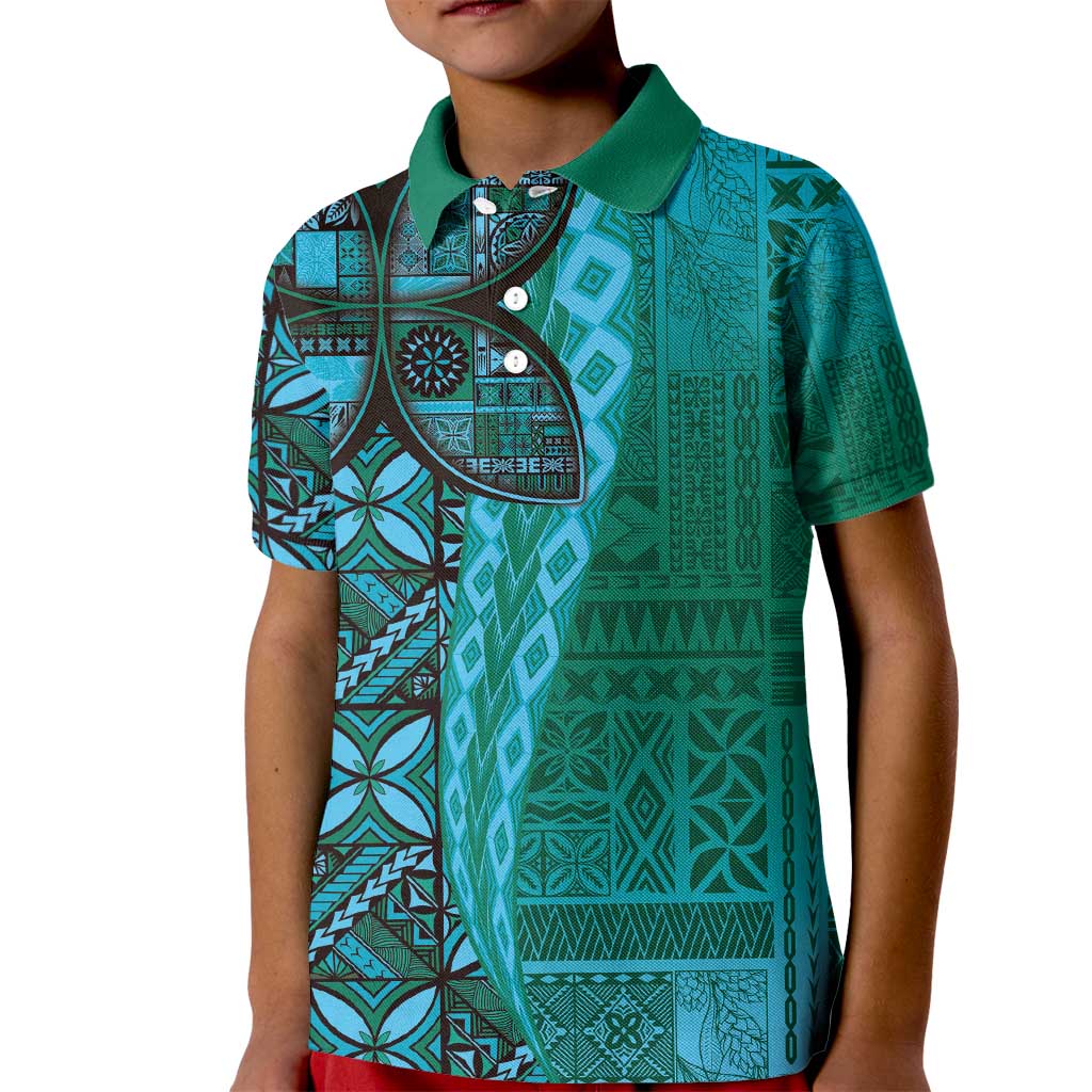 Samoan Pacific Tribal Flower Geometric Art Tattoos Kid Polo Shirt Siapo Pattern Turquoise Tide - Polynesian Pride