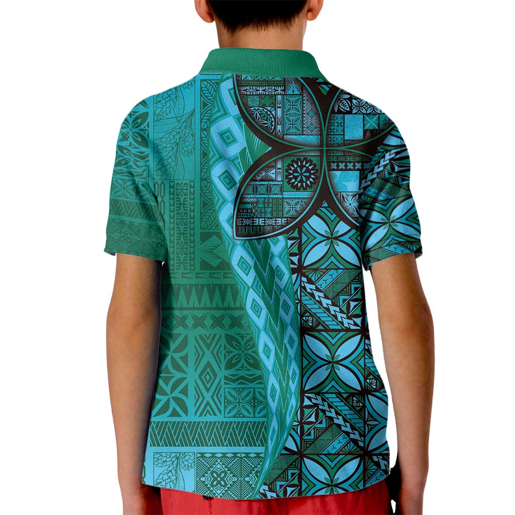 Samoan Pacific Tribal Flower Geometric Art Tattoos Kid Polo Shirt Siapo Pattern Turquoise Tide - Polynesian Pride
