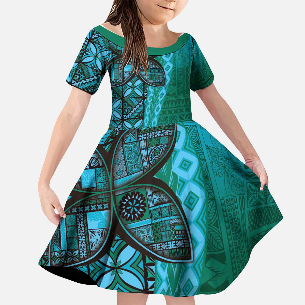 Samoan Pacific Tribal Flower Geometric Art Tattoos Kid Short Sleeve Dress Siapo Pattern Turquoise Tide - Polynesian Pride
