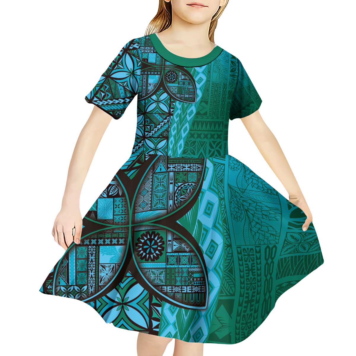 Samoan Pacific Tribal Flower Geometric Art Tattoos Kid Short Sleeve Dress Siapo Pattern Turquoise Tide - Polynesian Pride