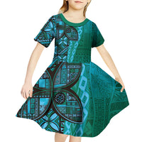 Samoan Pacific Tribal Flower Geometric Art Tattoos Kid Short Sleeve Dress Siapo Pattern Turquoise Tide - Polynesian Pride