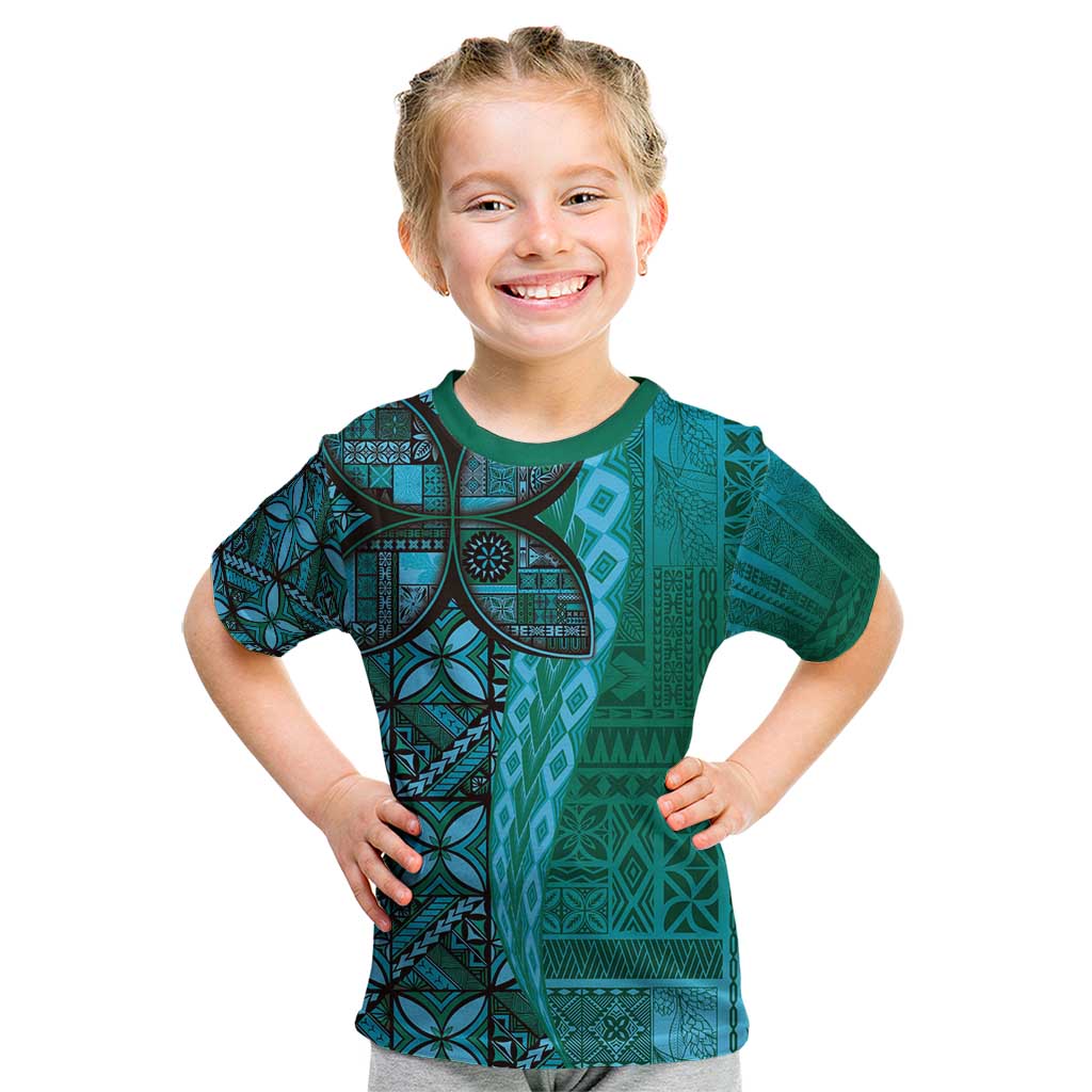 Samoan Pacific Tribal Flower Geometric Art Tattoos Kid T Shirt Siapo Pattern Turquoise Tide - Polynesian Pride