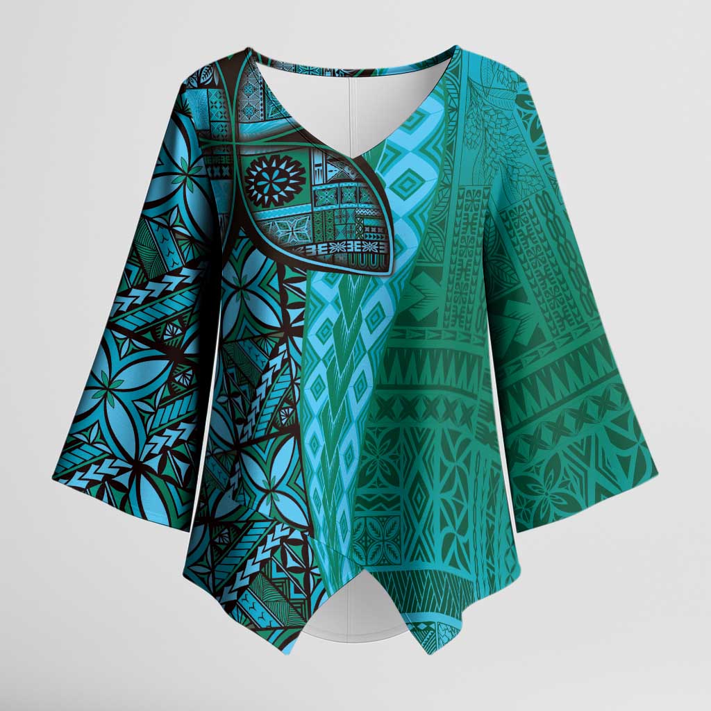 Samoan Pacific Tribal Flower Geometric Art Tattoos Kimono Sleeve Blouse Siapo Pattern Turquoise Tide - Polynesian Pride