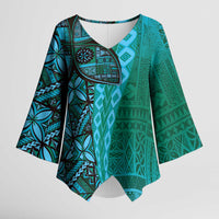 Samoan Pacific Tribal Flower Geometric Art Tattoos Kimono Sleeve Blouse Siapo Pattern Turquoise Tide - Polynesian Pride
