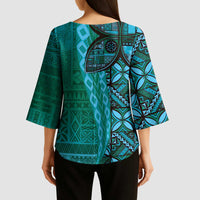 Samoan Pacific Tribal Flower Geometric Art Tattoos Kimono Sleeve Blouse Siapo Pattern Turquoise Tide - Polynesian Pride
