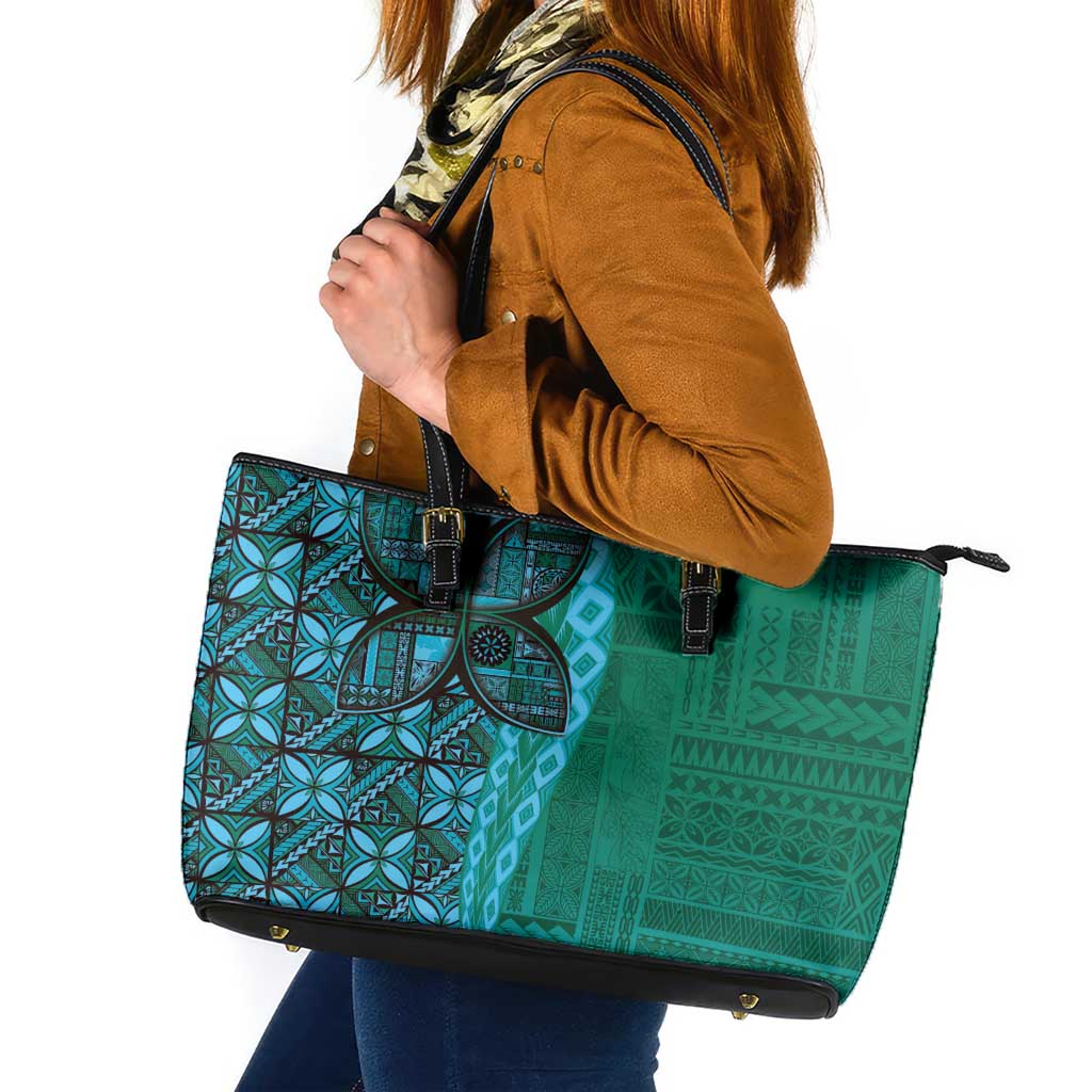 Samoan Pacific Tribal Flower Geometric Art Tattoos Leather Tote Bag Siapo Pattern Turquoise Tide - Polynesian Pride