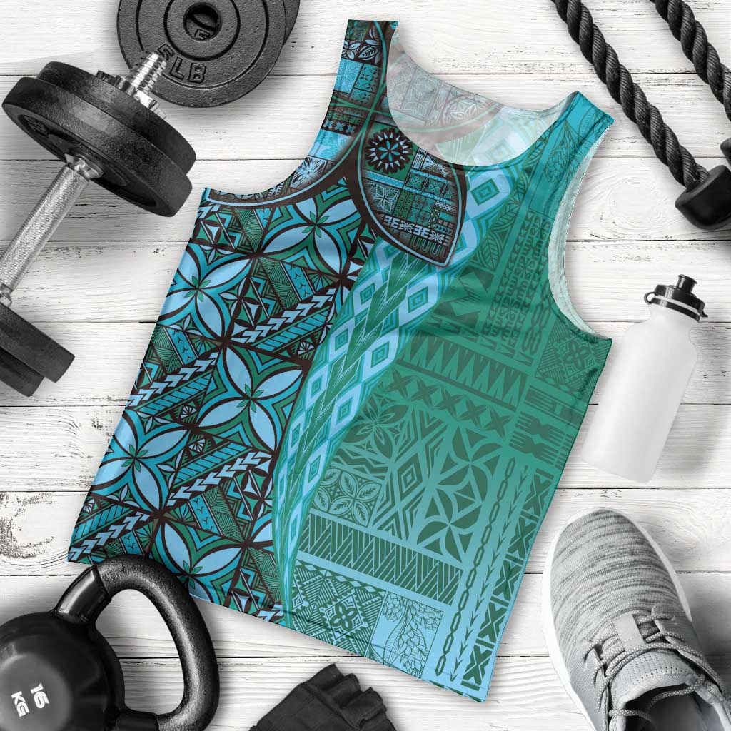 Samoan Pacific Tribal Flower Geometric Art Tattoos Men Tank Top Siapo Pattern Turquoise Tide - Polynesian Pride