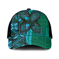 Samoan Pacific Tribal Flower Geometric Art Tattoos Mesh Trucker Cap Siapo Pattern Turquoise Tide - Polynesian Pride