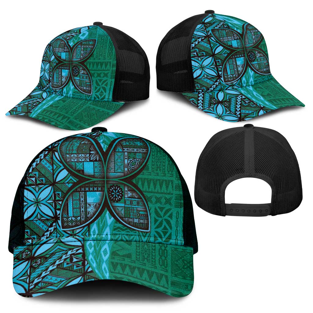 Samoan Pacific Tribal Flower Geometric Art Tattoos Mesh Trucker Cap Siapo Pattern Turquoise Tide - Polynesian Pride