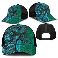 Samoan Pacific Tribal Flower Geometric Art Tattoos Mesh Trucker Cap Siapo Pattern Turquoise Tide - Polynesian Pride