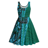 Samoan Pacific Tribal Flower Geometric Art Tattoos Midi Dress Siapo Pattern Turquoise Tide - Polynesian Pride