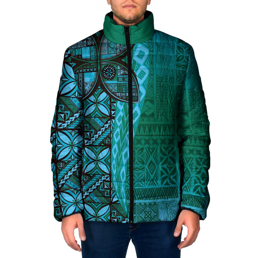 Samoan Pacific Tribal Flower Geometric Art Tattoos Padded Jacket Siapo Pattern Turquoise Tide - Polynesian Pride