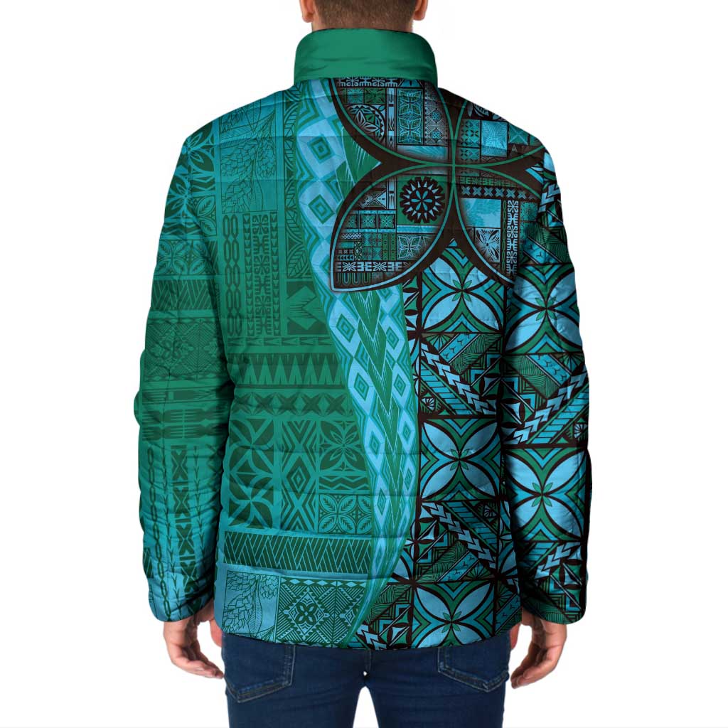 Samoan Pacific Tribal Flower Geometric Art Tattoos Padded Jacket Siapo Pattern Turquoise Tide - Polynesian Pride