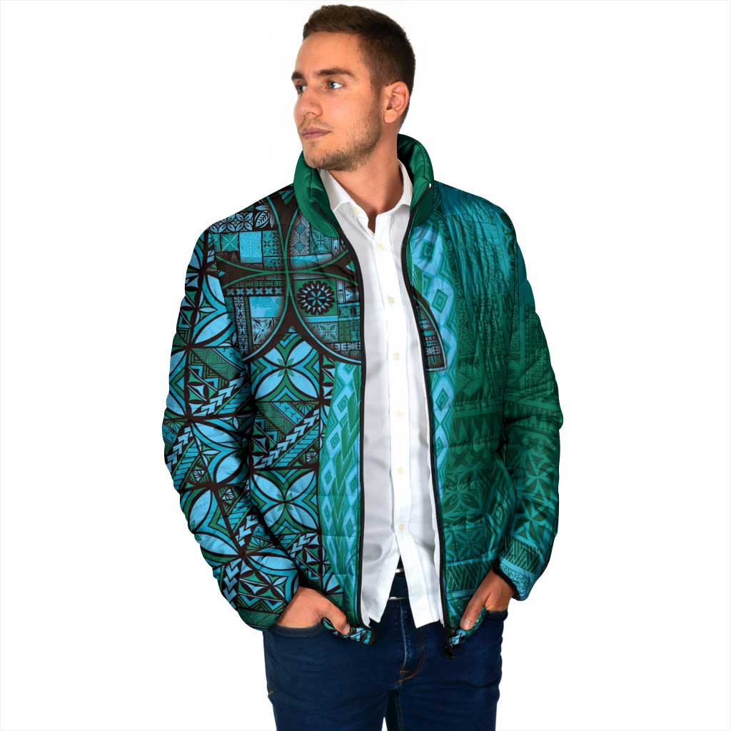 Samoan Pacific Tribal Flower Geometric Art Tattoos Padded Jacket Siapo Pattern Turquoise Tide - Polynesian Pride