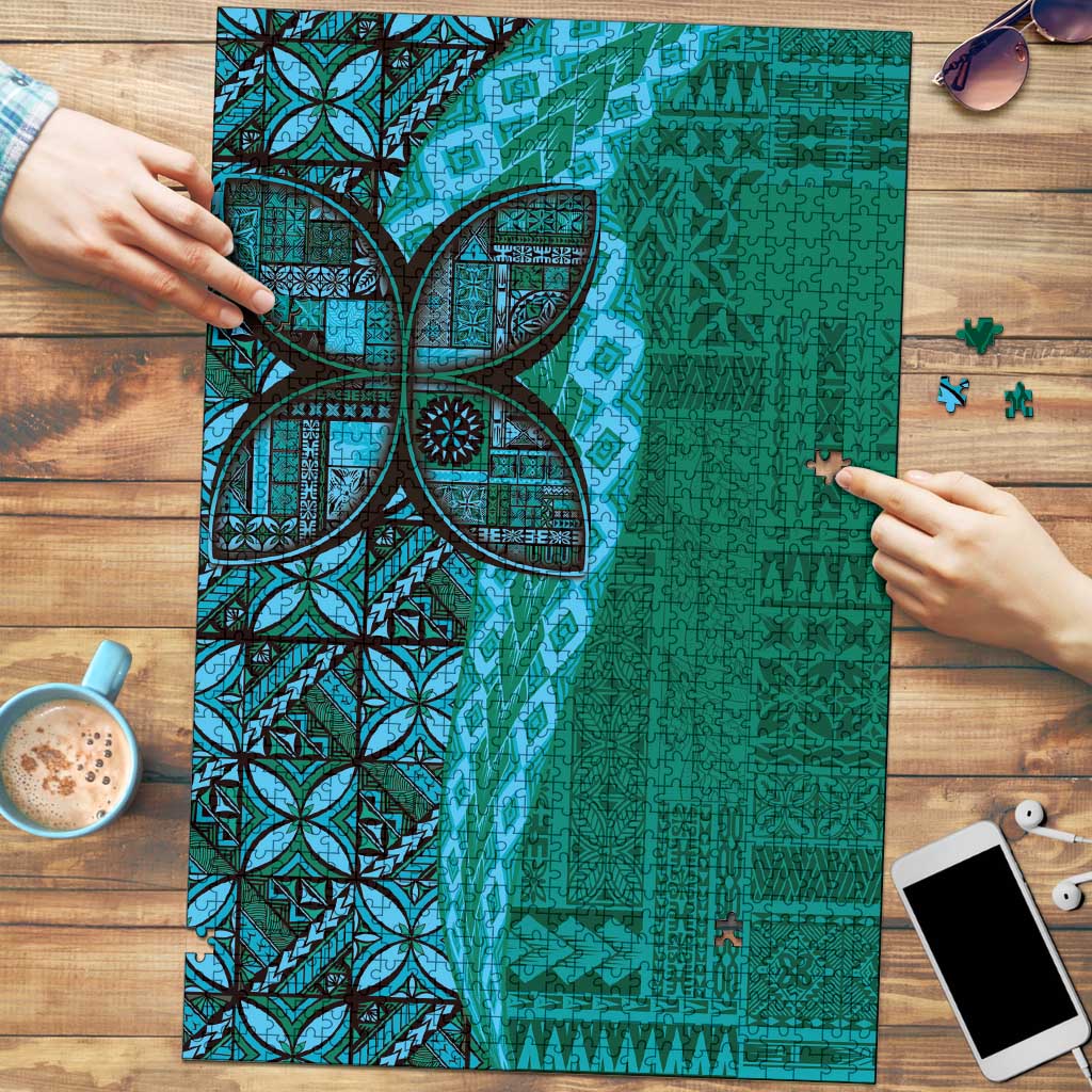 Samoan Pacific Tribal Flower Geometric Art Tattoos Puzzle Siapo Pattern Turquoise Tide - Polynesian Pride