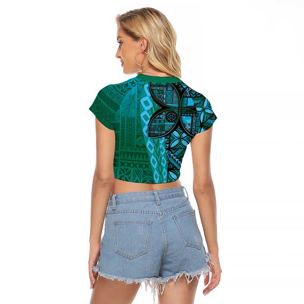 Samoan Pacific Tribal Flower Geometric Art Tattoos Raglan Cropped T Shirt Siapo Pattern Turquoise Tide - Polynesian Pride