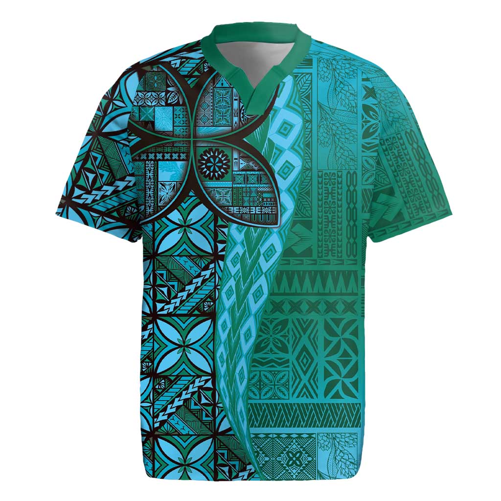 Samoan Pacific Tribal Flower Geometric Art Tattoos Rugby Jersey Siapo Pattern Turquoise Tide - Polynesian Pride