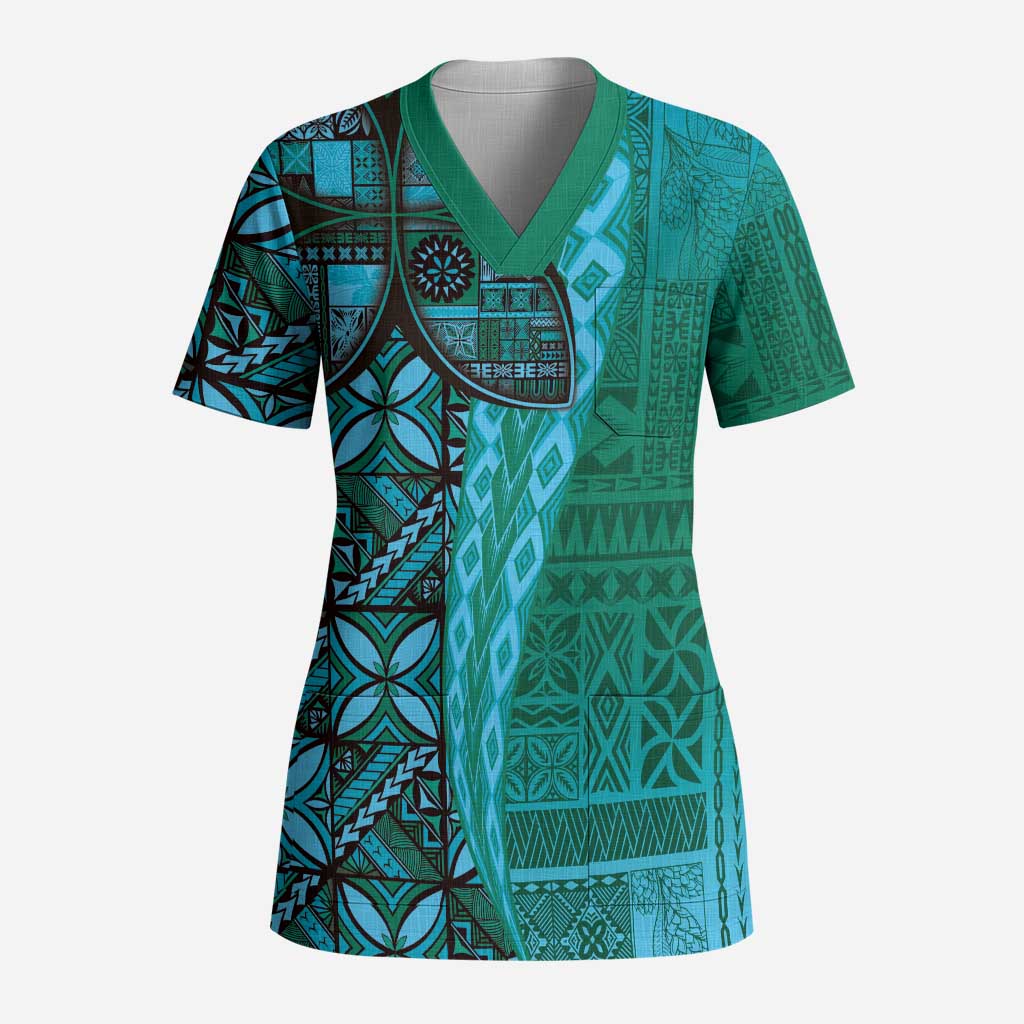 Samoan Pacific Tribal Flower Geometric Art Tattoos Scrub Top Siapo Pattern Turquoise Tide - Polynesian Pride