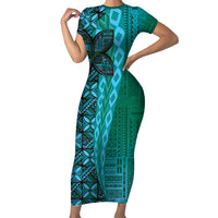 Samoan Pacific Tribal Flower Geometric Art Tattoos Short Sleeve Bodycon Dress Siapo Pattern Turquoise Tide - Polynesian Pride