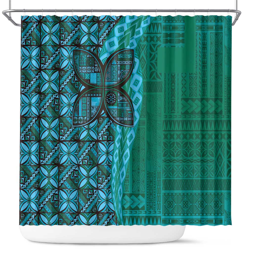 Samoan Pacific Tribal Flower Geometric Art Tattoos Shower Curtain Siapo Pattern Turquoise Tide - Polynesian Pride