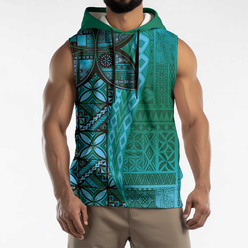 Samoan Pacific Tribal Flower Geometric Art Tattoos Sleeveless Hoodie Siapo Pattern Turquoise Tide - Polynesian Pride