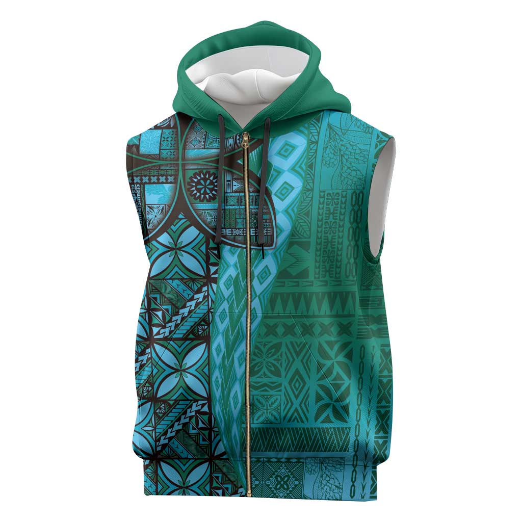 Samoan Pacific Tribal Flower Geometric Art Tattoos Sleeveless Zip Hoodie Siapo Pattern Turquoise Tide - Polynesian Pride