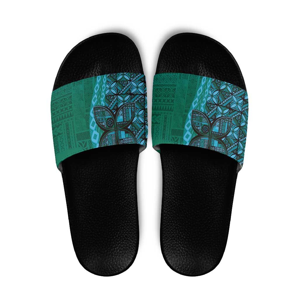 Samoan Pacific Tribal Flower Geometric Art Tattoos Slide Sandals Siapo Pattern Turquoise Tide - Polynesian Pride