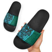 Samoan Pacific Tribal Flower Geometric Art Tattoos Slide Sandals Siapo Pattern Turquoise Tide - Polynesian Pride