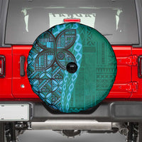 Samoan Pacific Tribal Flower Geometric Art Tattoos Spare Tire Cover Siapo Pattern Turquoise Tide - Polynesian Pride